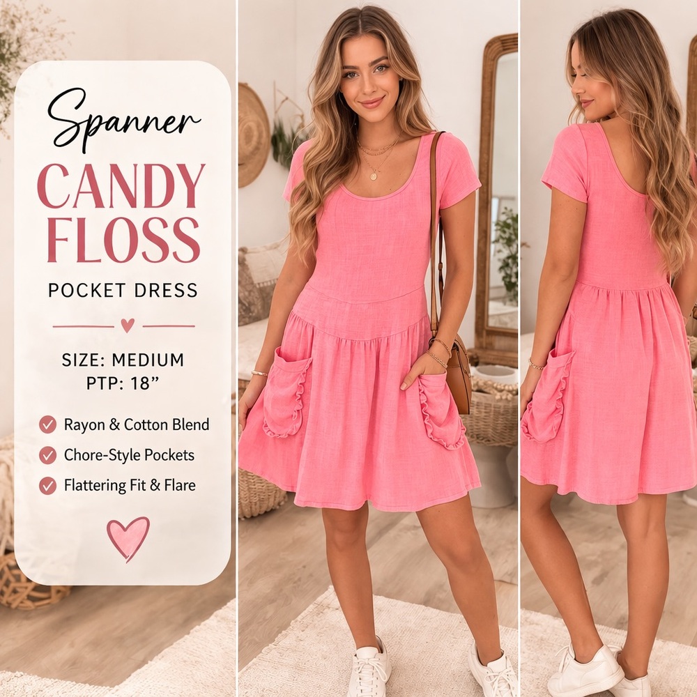 💖 Spanner “Candy Floss” Pink Pocket Dress – Size Medium 💖 RARE / UNIQUE POCKET